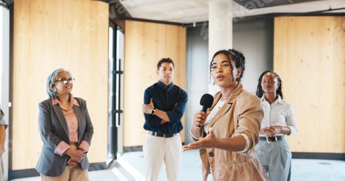 Preview: Motivation, workshop or presenter in circle with mic, training or expo in skills development