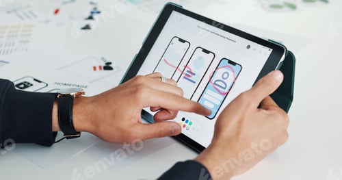 Preview: Person, hands and tablet screen with wireframes for app design, software development or UI planning