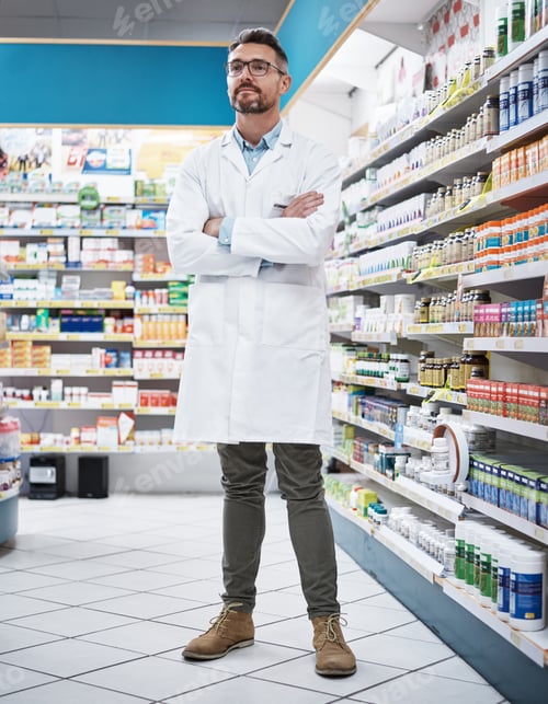 Preview: Pharmacist, mature man or arms crossed in store for drugs dispensary, career experience