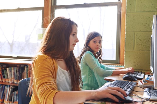 Preview: Girl, children and learning in school with computer for digital literacy