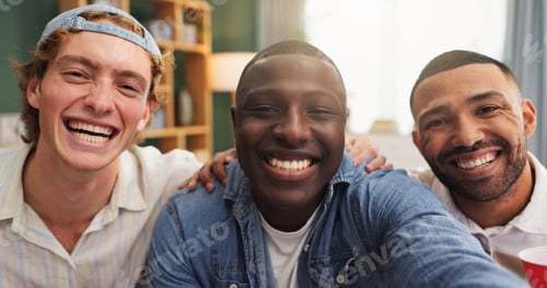 Preview: Happy men, portrait and laughing with selfie for capture moment, memory or friendship in home