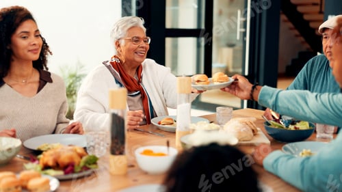 Preview: Happy family, food and passing with meal for dining, bonding or eating together in home