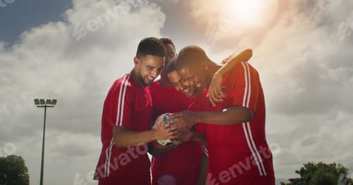 Preview: Soccer, team and men with phone, sports field and watching training tips on social media or fitness
