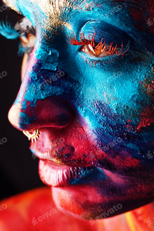 Preview: Beauty, thinking and face with woman and paint for cosmetics, creative and makeup aesthetic