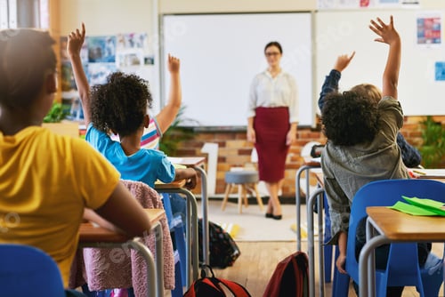 Preview: Question, hands up and children in classroom with teacher for lesson, learning and knowledge
