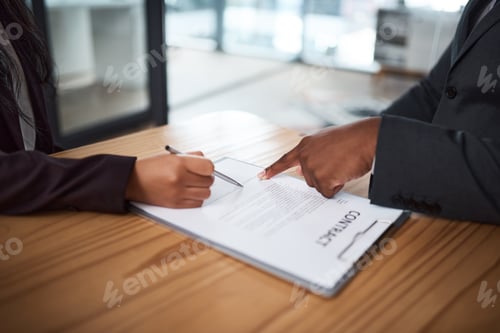 Preview: Hands, people and sign contract in meeting for hiring agreement, explain policy or recruiting
