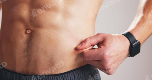 Preview: Fitness, pinch abdomen or hand with body fat check, skin fold test or measure stomach slimming