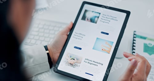 Preview: Tablet screen, hands and business woman on website for affiliate marketing tips