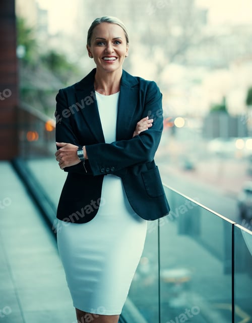 Preview: Business woman, portrait and arms crossed for realtor, real estate agency and about us on balcony