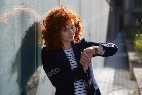 Preview: Businesswoman, break and outdoor in city with smart watch, check notification