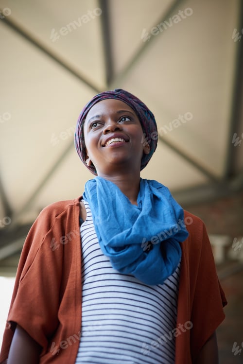 Preview: Black woman, student and thinking with smile at college, low angle and perspective for education