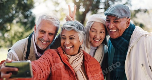 Preview: Elderly friends, selfie and peace sign at park for happy memory or group laugh together