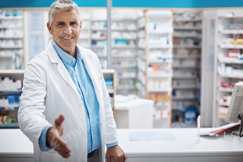 Preview: Handshake, happy and portrait of pharmacist at dispensary for greeting, deal