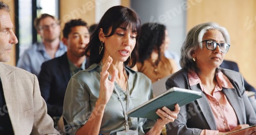 Preview: Business woman, tablet and talk at seminar with group for corporate training