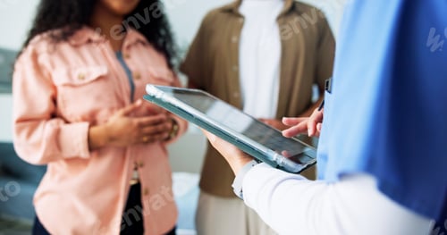 Preview: Couple, consultation and hands with tablet, hospital and test results on website, scroll and online