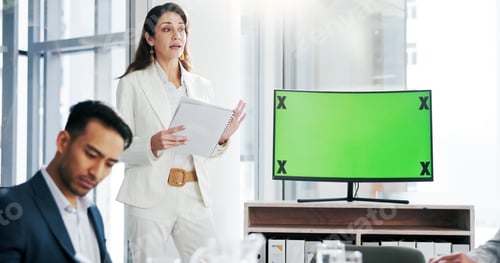 Preview: Investor, green screen and woman with monitor, presentation and pitch for trading deal