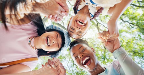 Preview: Women, portrait and holding hands with friends at park, bonding and laugh together for group