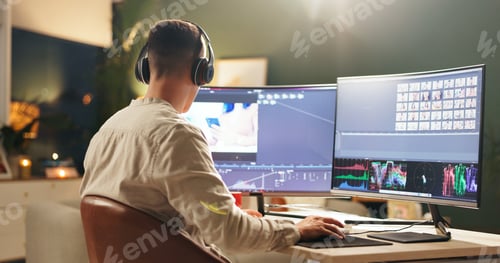 Vorschau: Mann, Nacht und Videoeditor mit Computerbildschirm für digitales Marketing oder Produktion im Büro