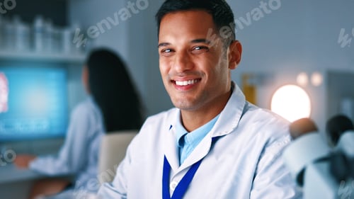 Preview: Portrait, man and scientist with smile in lab for research, medical study and experiment