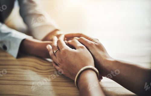 Preview: Table, people and holding hands with support in home for grief, compassion or understanding of loss