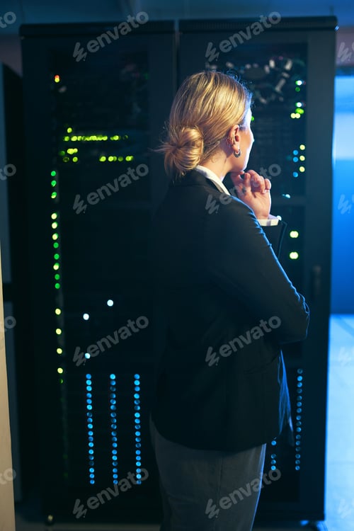 Preview: Thinking, engineer or woman with inspection by server rack, hardware management or problem solving