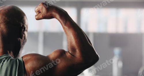 Preview: Fitness, flex and arm of man in gym for bodybuilding training, exercise and strength workout