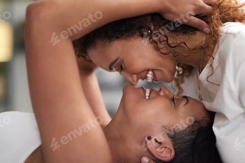 Preview: Lesbian, women and laughing with love in home for romance, affection and emotional connection