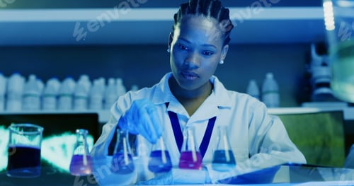 Preview: Scientist, woman and chemical beaker with sample for chemistry, experiment and medical research