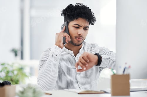 Preview: Computer, phone call and watch with business man at desk in office for deadline or schedule