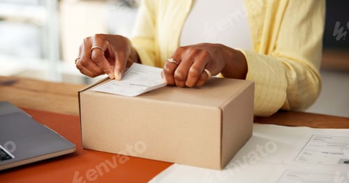 Preview: Box, label and logistics with hands of woman in office for shipping details, priority mail or info