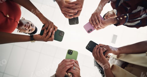 Preview: Business people, hands and typing with phone in circle for data sharing or network below in office