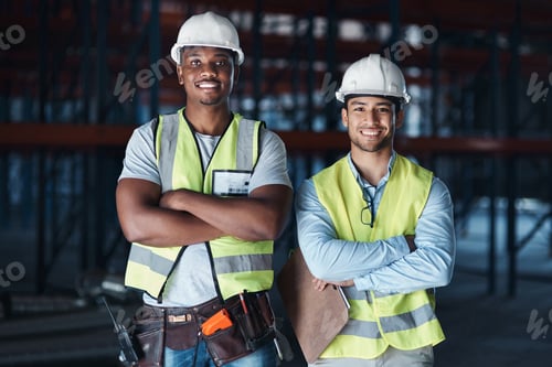 Preview: Business people, portrait or contractor team with confidence in warehouse for storage maintenance