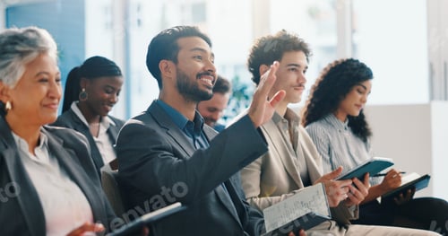 Preview: Business, man and raised hand with question in seminar for participation