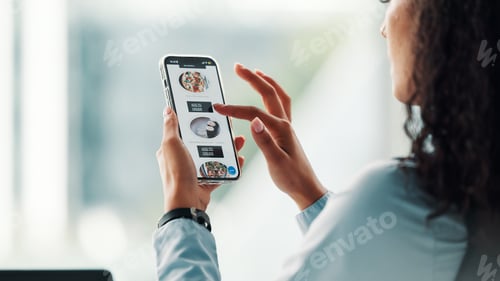 Preview: Delivery, fast food and phone screen with hands of woman in office for internet