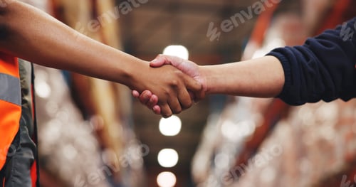 Preview: Handshake, team and logistics with people in warehouse for shipping partner