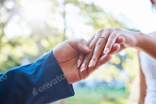 Preview: Love, couple and holding hands with ring at wedding for eternal commitment