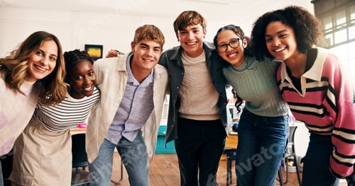 Preview: Portrait, high school students and group hug for support, academic development