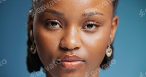 Preview: Serious, confident and portrait of black woman in studio with education career development
