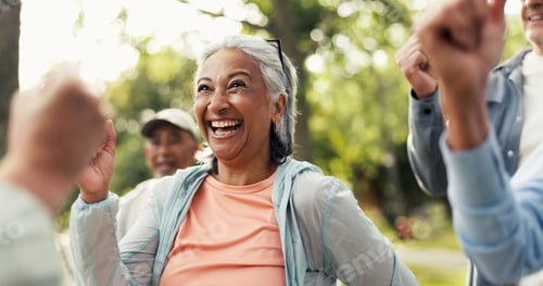 Preview: Cardio, exercise group and funny with old woman in garden for health or wellness with friends