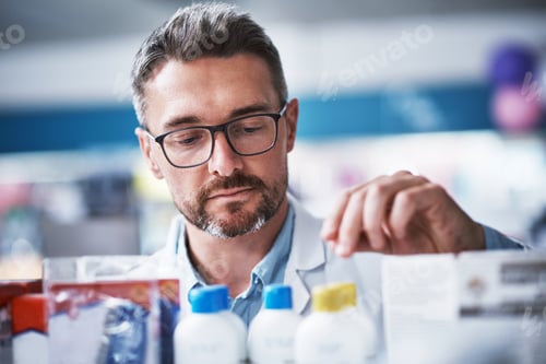 Preview: Pharmacist, man and order for medicine, stock management and sorting for medical inventory