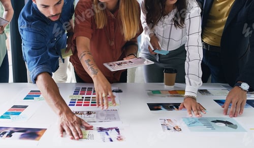 Preview: Paperwork, meeting and business people in office with planning for creative project