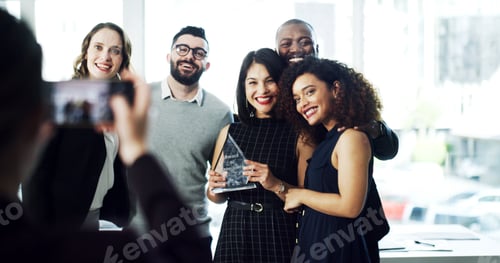 Preview: Woman, team and photo with award at office for goals, achievement and support at legal advisory