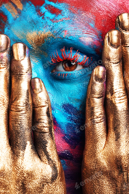 Preview: Paint, eye and makeup with woman and hands for cosmetics, art deco and aesthetic