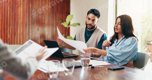 Preview: Discussion, paperwork and business people in office with creative team in collaboration