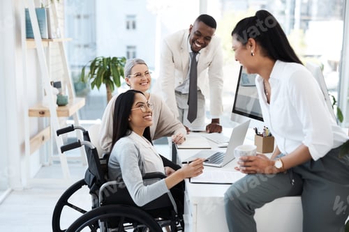 Preview: Woman, team and happy in wheelchair in office meeting with talk, review