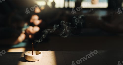 Preview: Incense, smoke and meditation in yoga class for relax, chakra alignment or holistic wellness