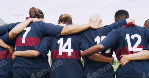 Preview: Teamwork, back and rugby with women on field for support, community and premiership league
