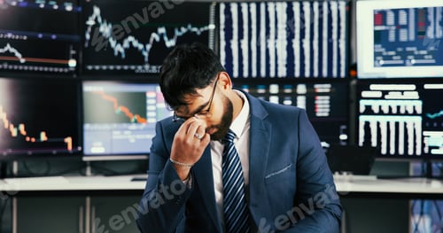Preview: Headache, trading or man in office with computer screen, crypto risk or technical crash