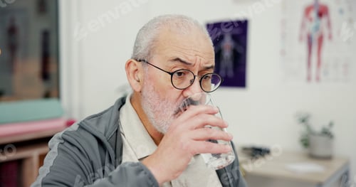 Preview: Drink, water and senior man in clinic for medical consultation with hydration for recovery