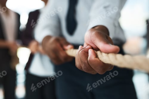 Preview: Hands, business people or tug of war contest in office, team building game
